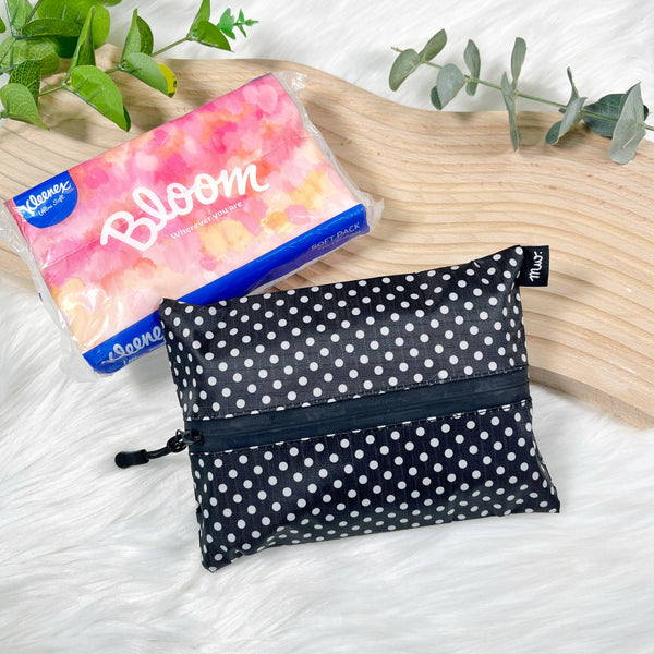 Polka Dots Black PVC - Dry Travel Sized Tissue Pack Pouch Holder